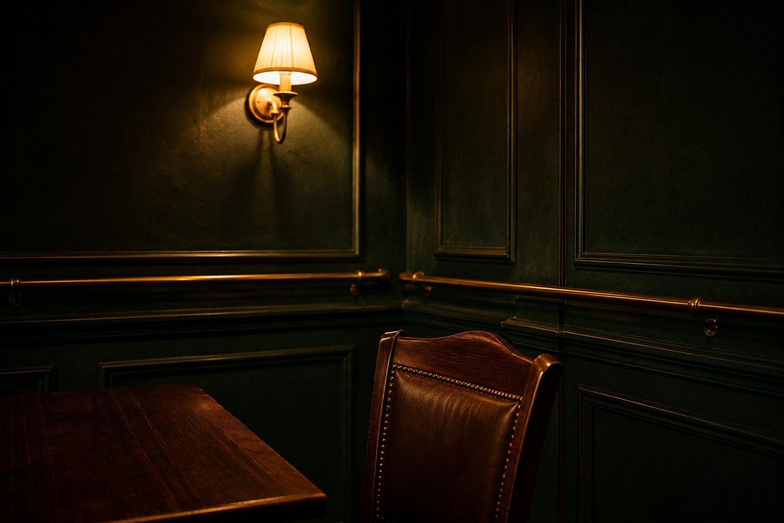 Green panelling and brass rail in the pub